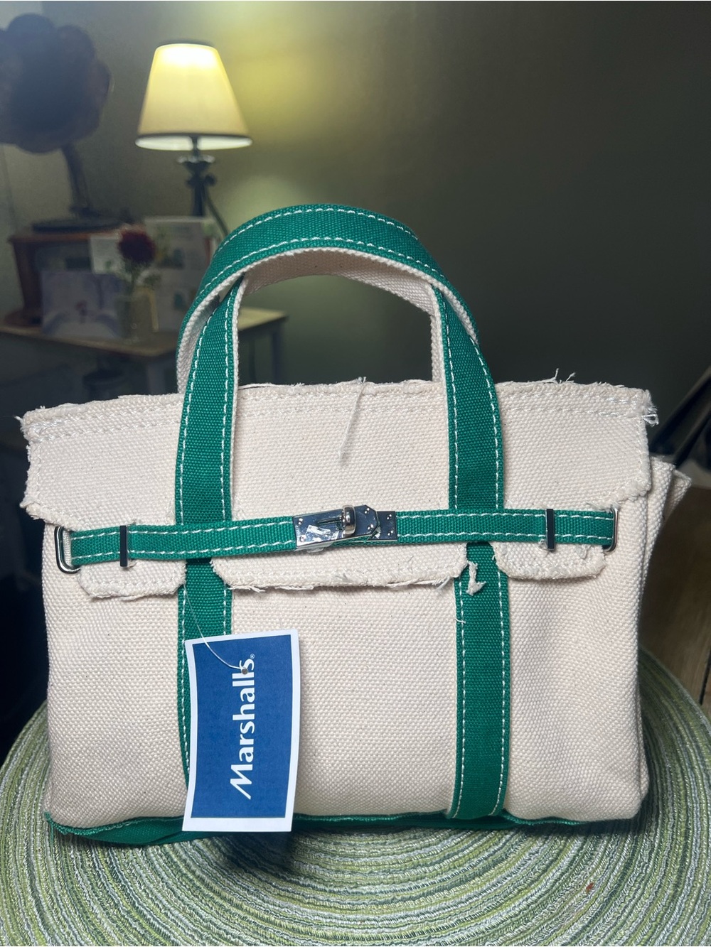 The Viral Marshalls Cream Canvas Tote with Green Trim and Handles